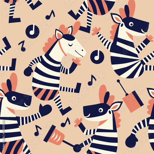 zebras against the background of a musical composition. seamless pattern