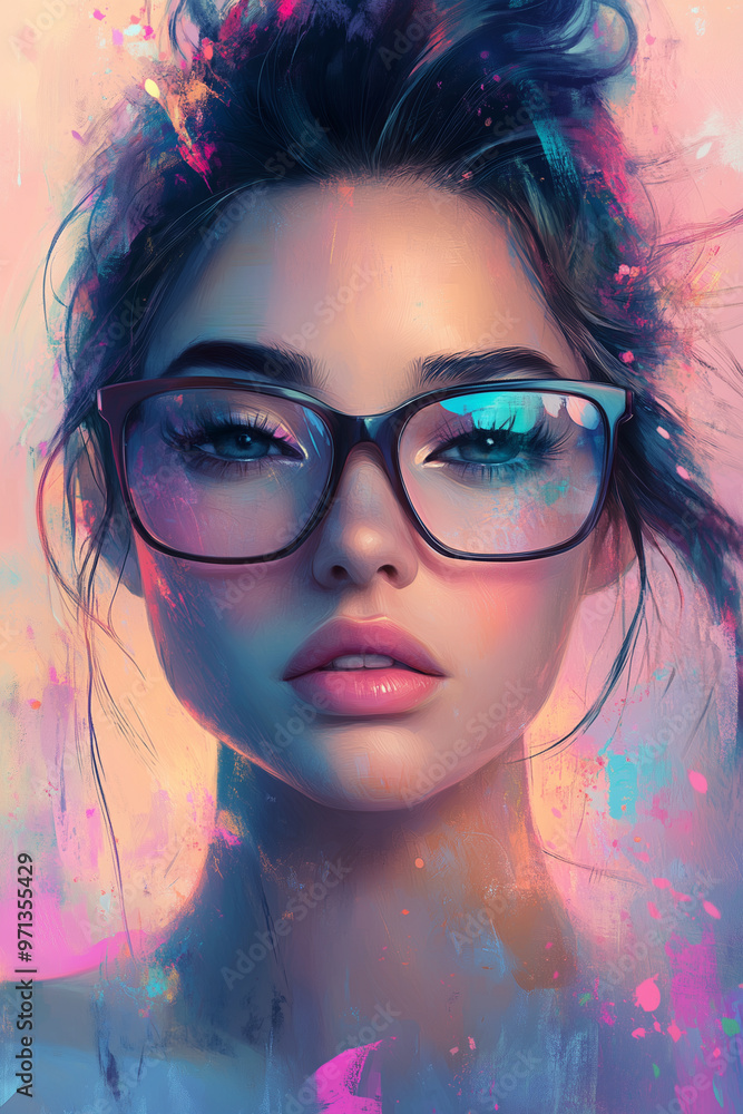 Fototapeta premium A chic woman with oversized, colorful glasses, blowing a pastel pink balloon from chewing gum. She’s facing forward with a joyful emotional expression.