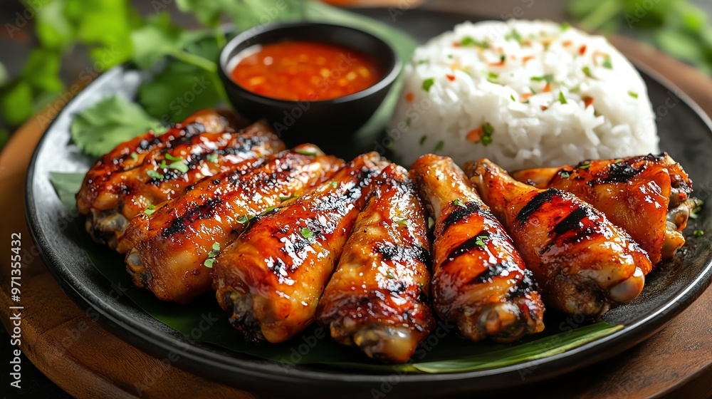 Isaanstyle grilled chicken wings served with sticky rice and spicy dip, Isaan grilled chicken wings, street food snack Isaanstyle grilled chicken wings served with sticky rice and spicy dip, Isaan grilled chicken wings, street food snack