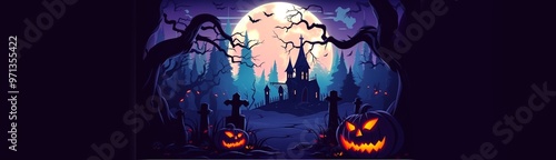 Halloween party invitation. Yellow ominous moon on the background of a castle and pumpkin. Vertical banner, Halloween poster, illustration with space for text. Suitable for postcard, advertising