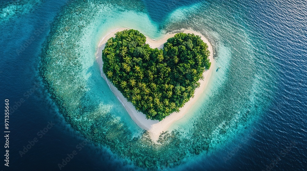 Heart-shaped tropical island surrounded by crystal blue waters Heart-shaped tropical island surrounded by crystal blue waters