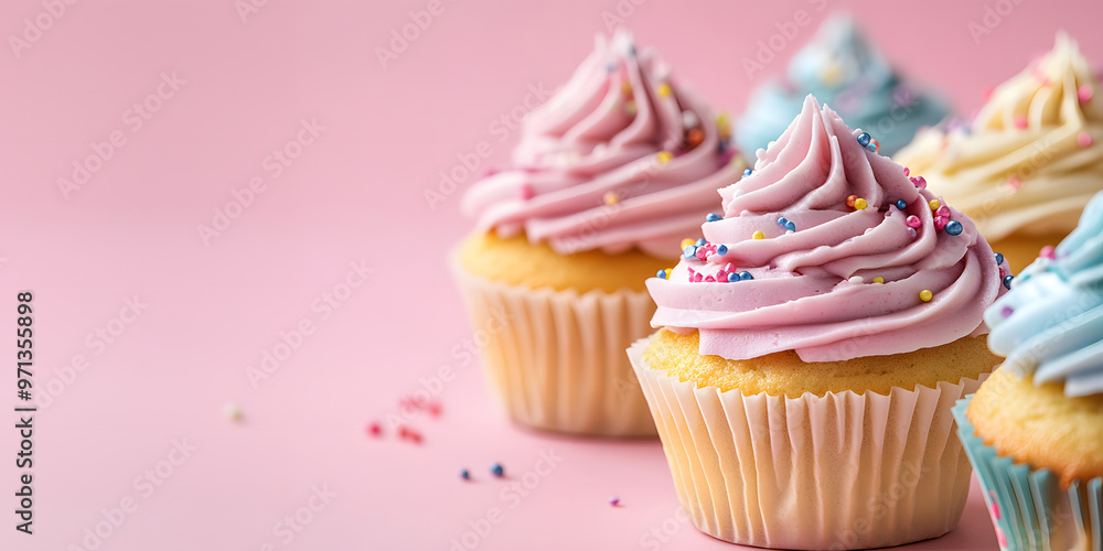 Deliciously decorated cupcakes sit on a pink surface, featuring vibrant swirls of frosting and colorful sprinkles. Ideal for parties or special occasions. Deliciously decorated cupcakes sit on a pink surface, featuring vibrant swirls of frosting and colorful sprinkles. Ideal for parties or special occasions.