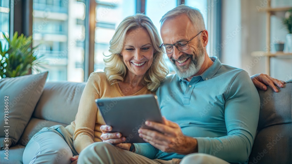 Happy middle aged couple using digital tablet relaxing on couch at home. Smiling mature man and woman holding tab browsing internet on pad device sitting on sofa in living room. Authentic candid photo Happy middle aged couple using digital tablet relaxing on couch at home. Smiling mature man and woman holding tab browsing internet on pad device sitting on sofa in living room. Authentic candid photo