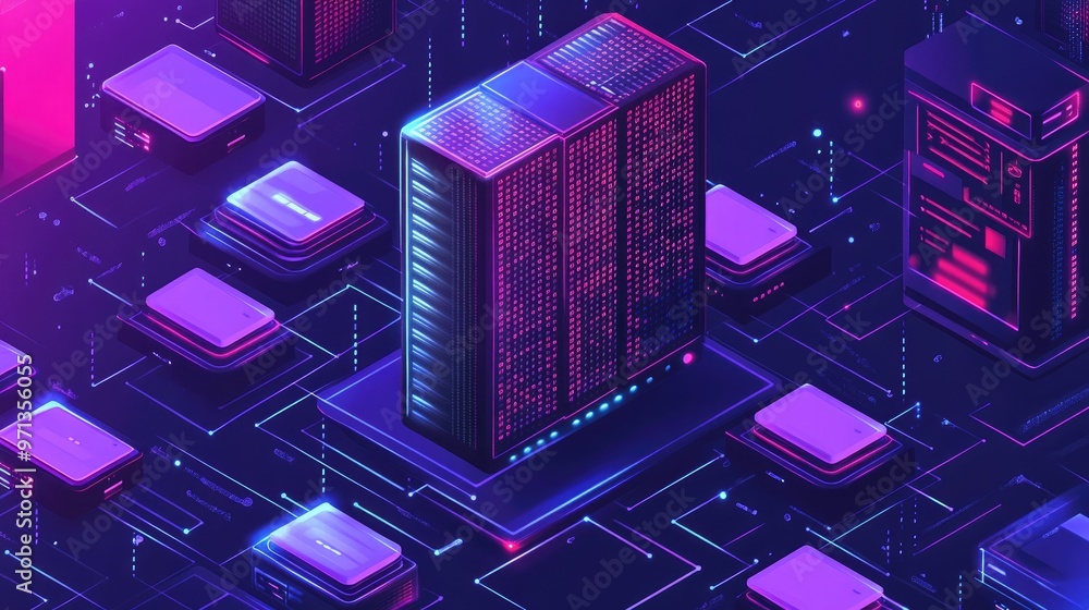 Isometric illustration of a large server rack with data flowing in and out of it. Isometric illustration of a large server rack with data flowing in and out of it.