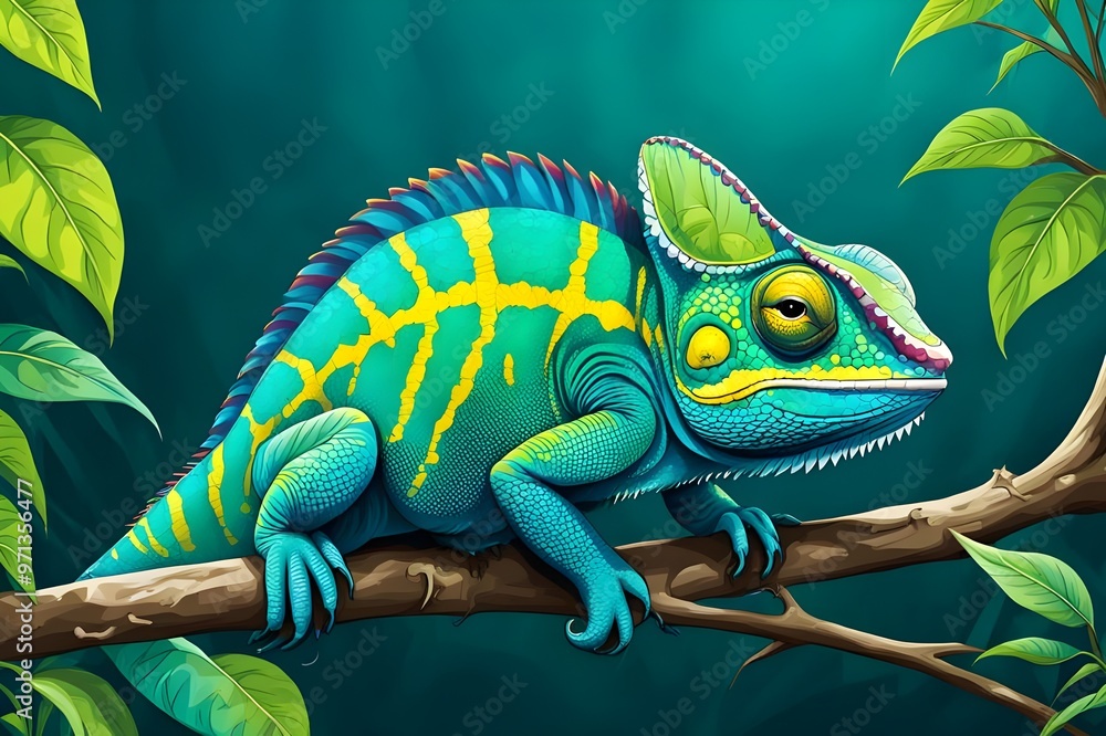 Illustration of a beautiful colorful chameleon, he likes to be quiet and hide in his own place Illustration of a beautiful colorful chameleon, he likes to be quiet and hide in his own place
