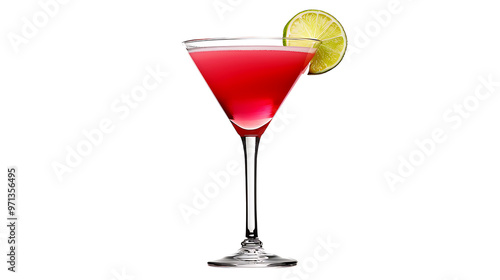 Cosmopolitan with a lime wedge garnish in a cocktail glass, vibrant pink liquid, isolated on a white background