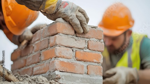 Building a brick chimney, masons constructing the chimney of a new home, Construction process, masonry work