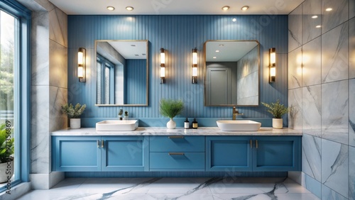 Modern bathroom interior with blue double vanity, sleek design, luxury fixtures, stylish decor, marble countertops, contemporary aesthetic, spa-like atmosphere, elegant lighting, c