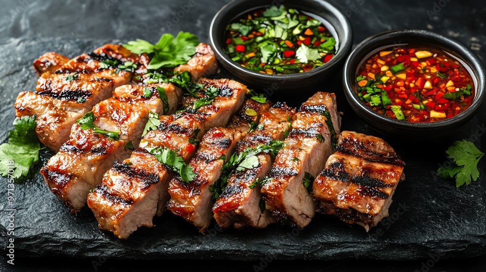 Thaistyle grilled pork neck served with a spicy dipping sauce, Thai grilled pork neck, street food dish Thaistyle grilled pork neck served with a spicy dipping sauce, Thai grilled pork neck, street food dish