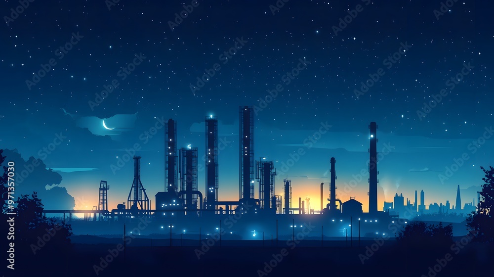 Fototapeta premium Industrial skyline at night with starry sky.
