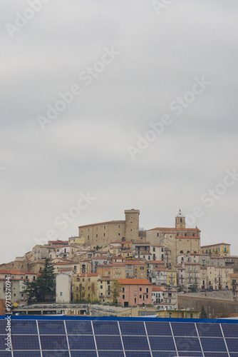 The village of Casoli and in the foreground a structure of photovoltaic panels