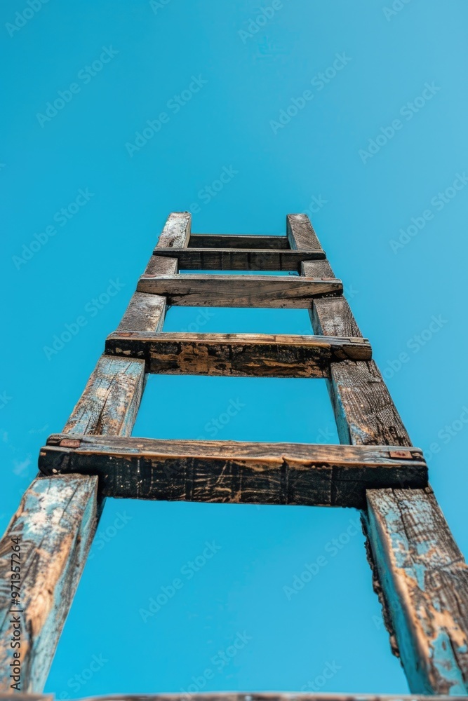 A wooden ladder with three steps is leaning against a blue sky. The ladder is old and worn, but it still stands tall and proud A wooden ladder with three steps is leaning against a blue sky. The ladder is old and worn, but it still stands tall and proud