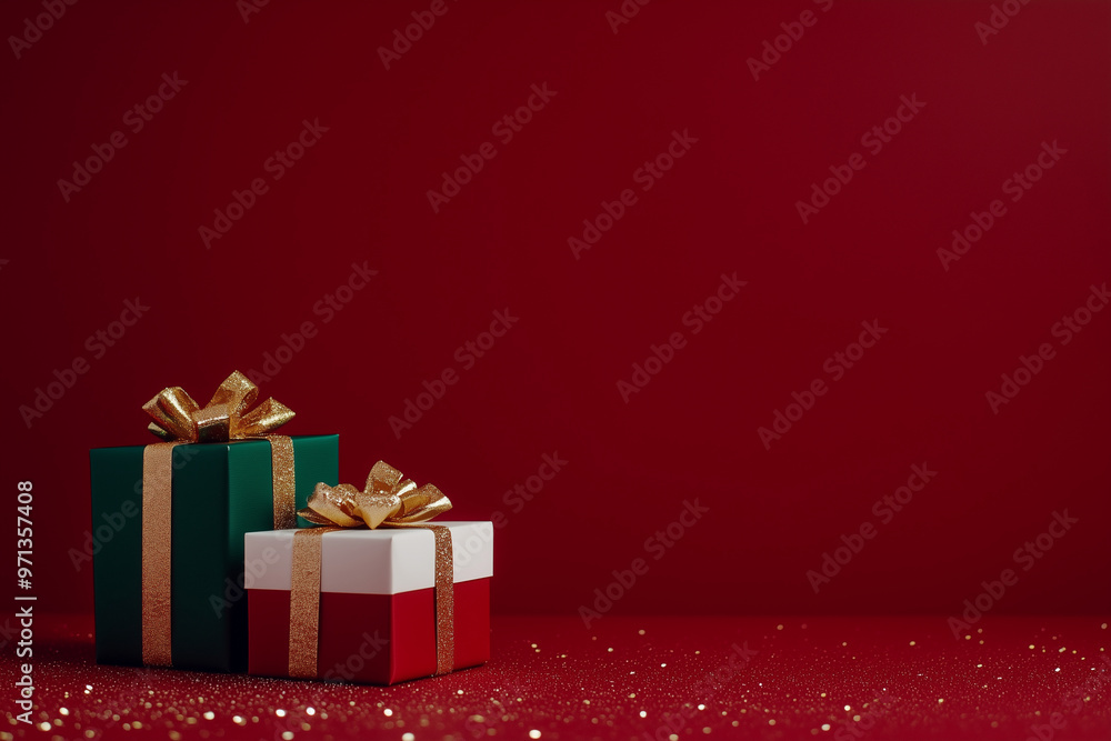A set of bright colorful gift boxes with a luxurious gold satin ribbon perfect for a soft present celebratory theme A set of bright colorful gift boxes with a luxurious gold satin ribbon perfect for a soft present celebratory theme