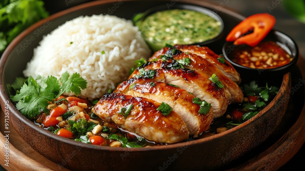 Traditional Isaanstyle grilled chicken served with sticky rice, Isaan grilled chicken, authentic Isaan cuisine Traditional Isaanstyle grilled chicken served with sticky rice, Isaan grilled chicken, authentic Isaan cuisine