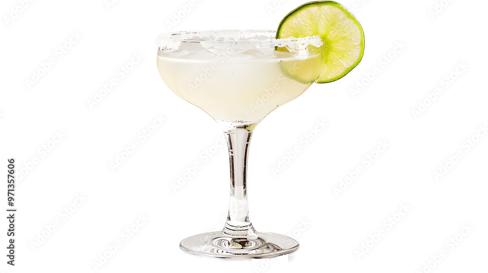 Classic margarita in a salt-rimmed glass with a lime wedge, isolated on a white background Classic margarita in a salt-rimmed glass with a lime wedge, isolated on a white background