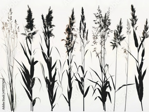 A series of black and white drawings of various plants. Scene is serene and peaceful, as the plants are depicted in their natural state. The drawings capture the essence of nature