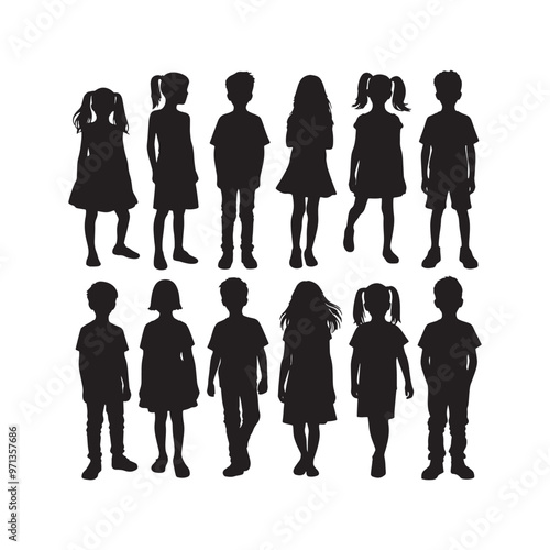 Children Silhouettes in Different Poses Vector Set.