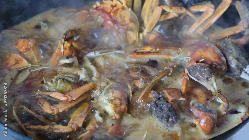 super slow motion, cooking Chinese mitten crab in wok super slow motion, cooking Chinese mitten crab in wok