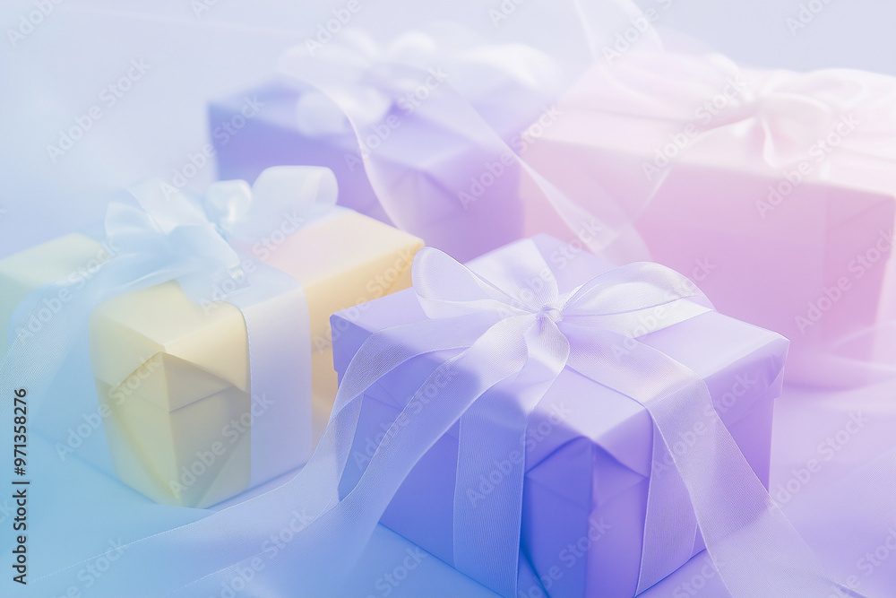 A set of bright colorful gift boxes with a luxurious gold satin ribbon perfect for a soft celebratory theme