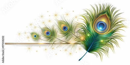 Flat Vector Border Frame with Colorful Peacock Feather and Sparkling Lines for Festive Announcements and Celebratory Messages