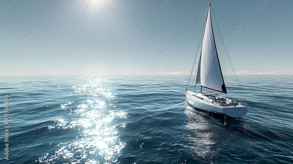 Fototapeta premium Modern sailboat, viewed from the side and slightly from behind, capturing the entire vessel in motion.
