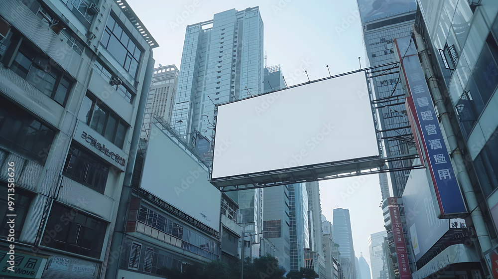 Obraz premium Realistic Blank Billboard in Vibrant City Center with Natural Lighting and High-Rise Background