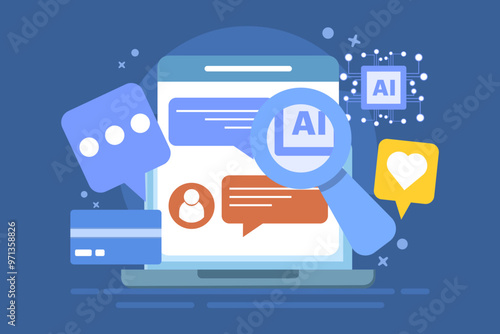 AI chat bot concept for customer support, Online customer help desk, AI solves customer problems, AI based solutions for customers, background vector illustration with icons.