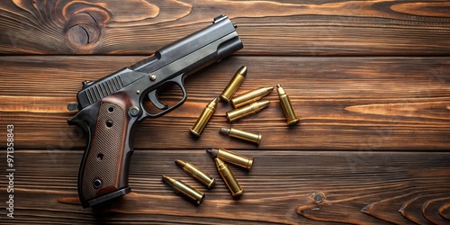 Gun and ammunition displayed on a dark wooden table from a top view