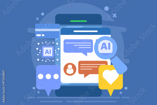 AI chat bot concept for customer support, Online customer help desk, AI solves customer problems, AI based solutions for customers, background vector illustration with icons.