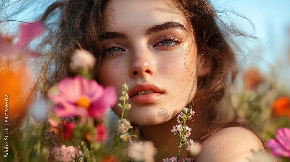 abstract flowers flower field young woman taking pictures in summer Beautiful makeup in a field of flowers abstract flowers flower field young woman taking pictures in summer Beautiful makeup in a field of flowers