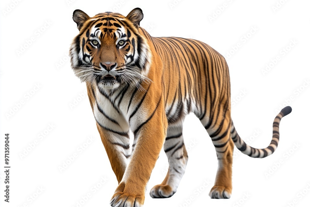 A tiger is walking on a white background. The tiger is the main focus of the image, and it is a close-up shot. The tiger's stripes are prominent, and it has a curious expression on its face A tiger is walking on a white background. The tiger is the main focus of the image, and it is a close-up shot. The tiger's stripes are prominent, and it has a curious expression on its face