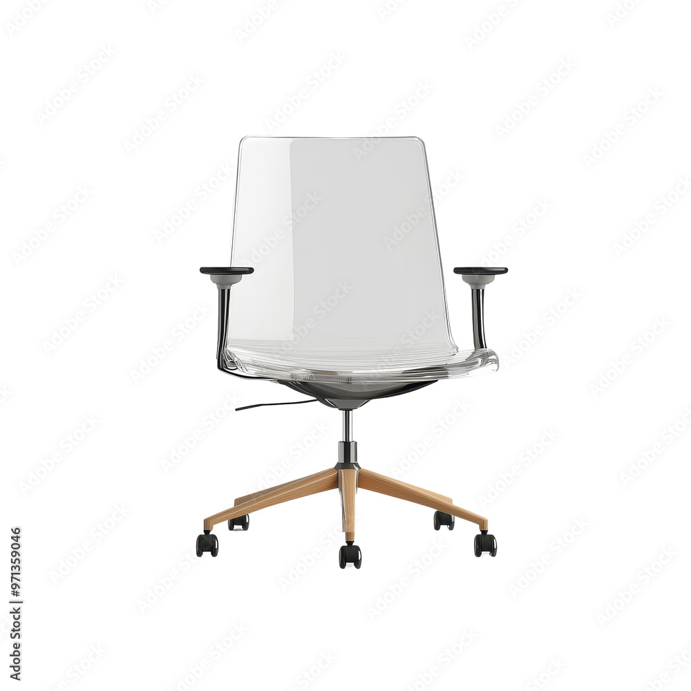 White office chair with wooden base and rolling wheels.