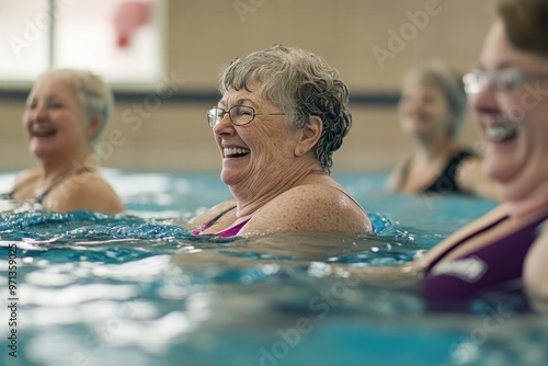 Happy elderly woman enjoying a fitness class in the pool. Expresses happiness, healthy lifestyle