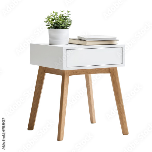 White nightstand with wooden legs and a single drawer. A plant and books are on top.