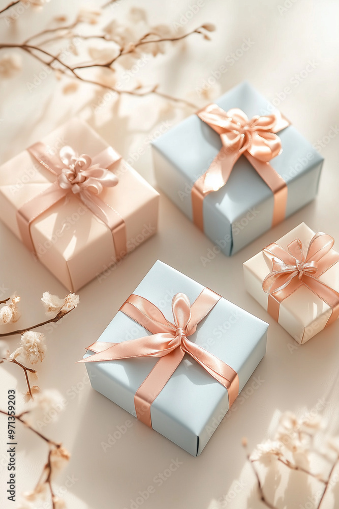 A set of bright colorful gift boxes with a luxurious gold satin ribbon perfect for a soft celebratory theme A set of bright colorful gift boxes with a luxurious gold satin ribbon perfect for a soft celebratory theme