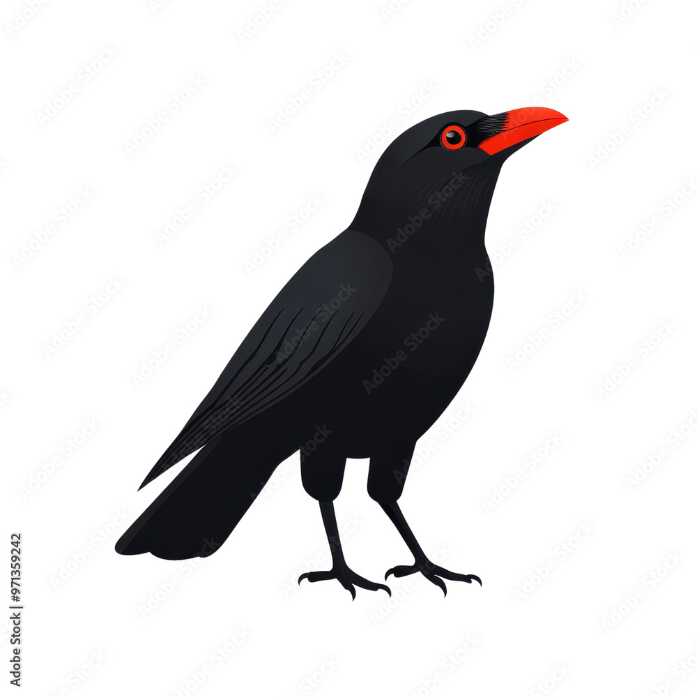 Obraz premium A black crow with a bright red beak and eye. The crow is perched on a white background.