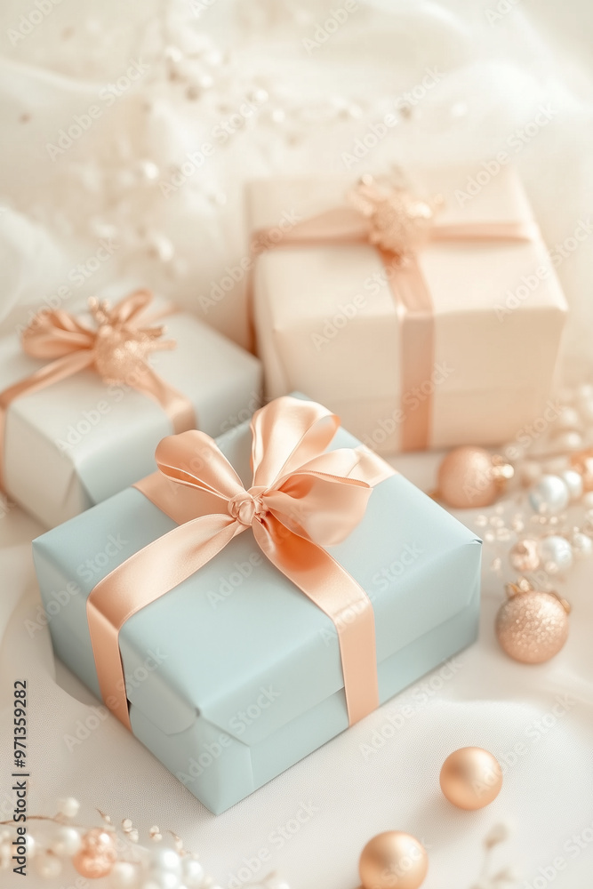 A set of bright colorful gift boxes with a luxurious gold satin ribbon perfect for a soft celebratory theme A set of bright colorful gift boxes with a luxurious gold satin ribbon perfect for a soft celebratory theme