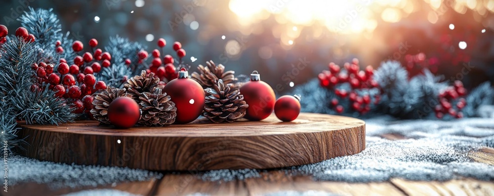 Wooden podium, Christmas ornaments and snowflakes, 3D illustration Wooden podium, Christmas ornaments and snowflakes, 3D illustration