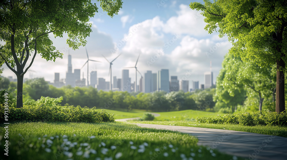 Green park trees, walking path in foreground, distant, blurred view of modern city, wind turbines. Symbolizing sustainable urban living combined environmentally friendly energy production technology.