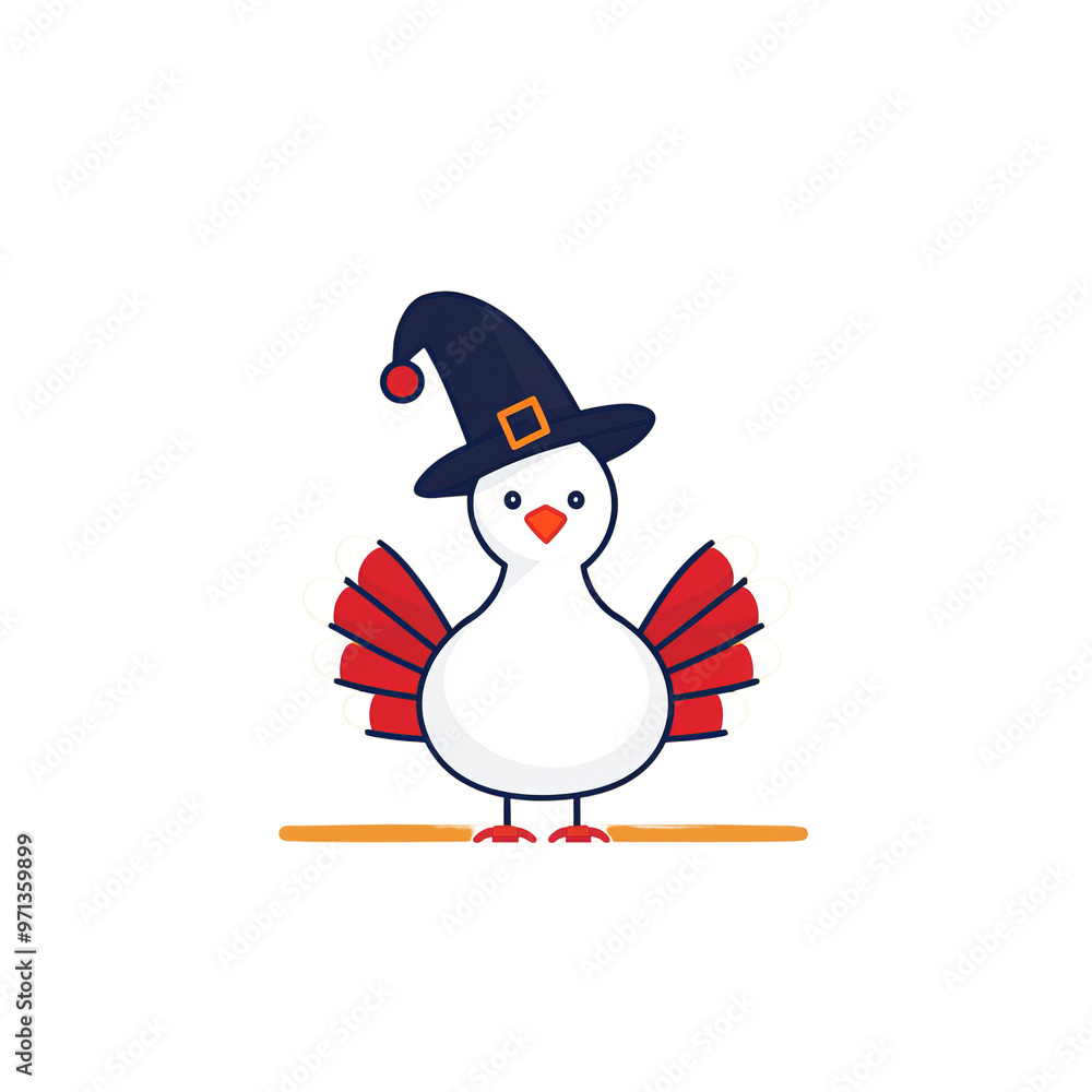 A cartoon turkey wearing a witch hat and holding a broomstick. The turkey is white with red and white feathers. The background is black. A cartoon turkey wearing a witch hat and holding a broomstick. The turkey is white with red and white feathers. The background is black.