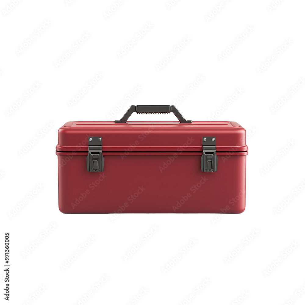 A classic red metal toolbox with a black handle and latches. The toolbox is isolated on a white background. A classic red metal toolbox with a black handle and latches. The toolbox is isolated on a white background.