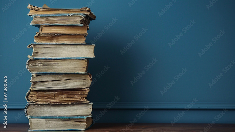 Old books stacked neatly against blue wall, showcasing their worn pages and history Old books stacked neatly against blue wall, showcasing their worn pages and history