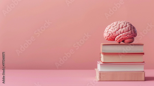 A model brain sits atop psychology textbooks, symbolizing knowledge and learning