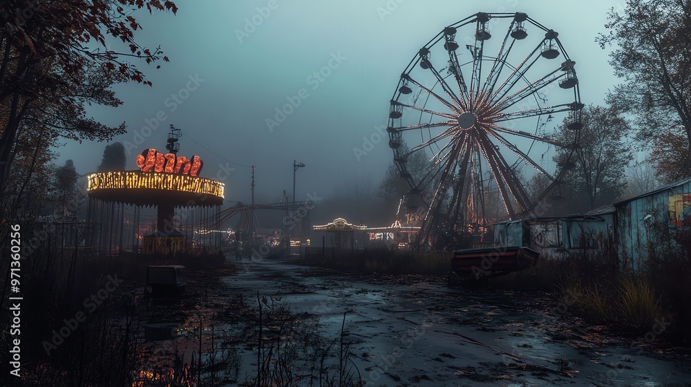 Abandoned carnival with broken rides, eerie clowns, fog rolling in, haunted Halloween night Abandoned carnival with broken rides, eerie clowns, fog rolling in, haunted Halloween night