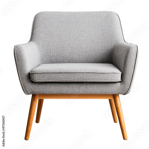 A comfortable grey armchair with wooden legs, isolated on a white background. photo