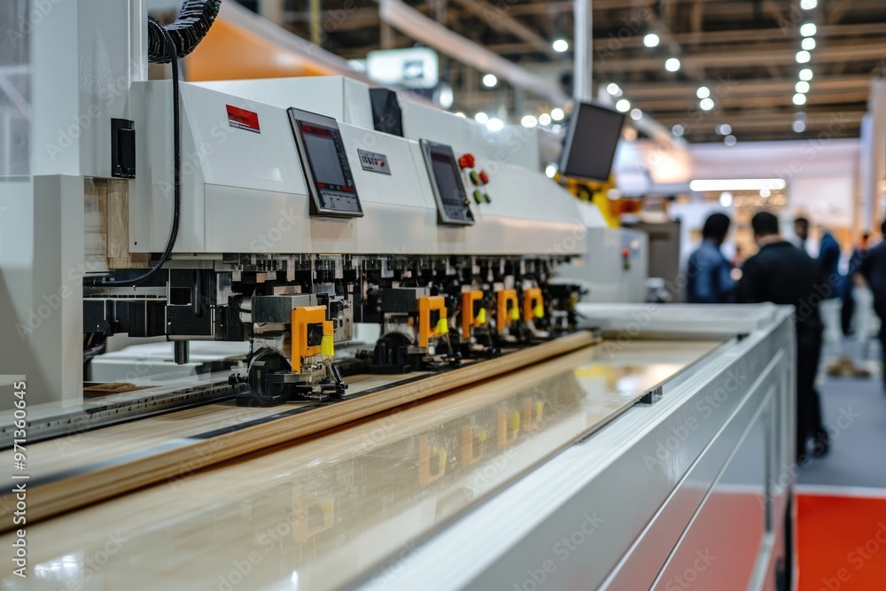 Obraz premium WoodTech 2023 Automated machinery for furniture production exhibition.