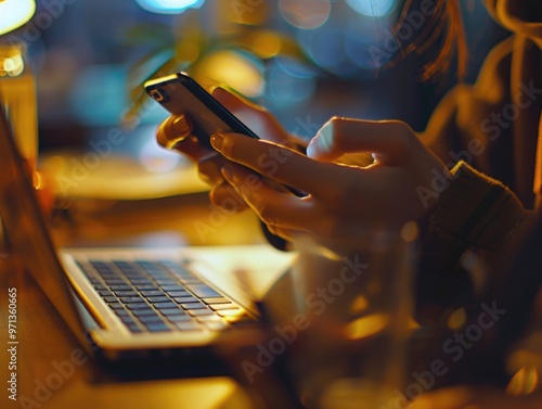 A woman is using her cell phone while sitting at a table. The table has a laptop and a cup. Concept of productivity and multitasking, as the woman is using both her phone and laptop simultaneously