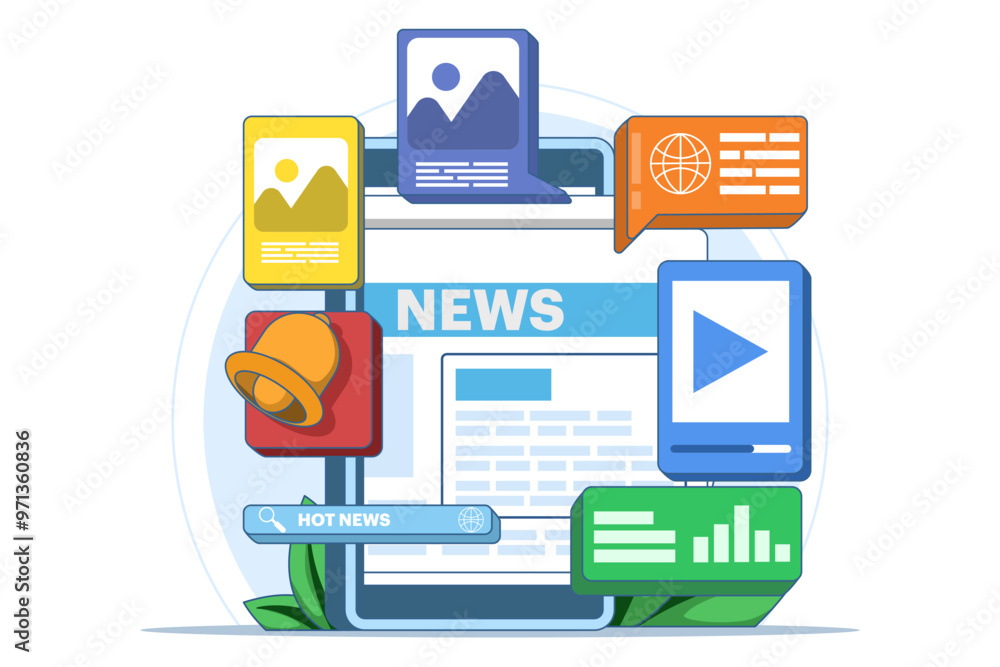 Online news application concept, Online news article, News webpage, Online mass media, Internet bulletin. Reading news online. Reading breaking news on webpage. Flat vector illustration. Online news application concept, Online news article, News webpage, Online mass media, Internet bulletin. Reading news online. Reading breaking news on webpage. Flat vector illustration.