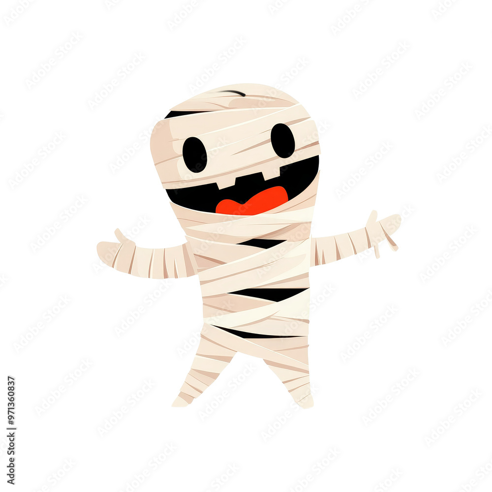 Fototapeta premium A cute cartoon mummy with a big smile, wearing white bandages. Perfect for Halloween or spooky themes.