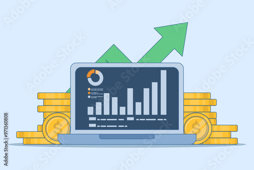 Financial concept growth chart, Tablet with gold coins, investment, increase wealth or income, increase business profit, financial report chart with exponential arrow. isolated background.